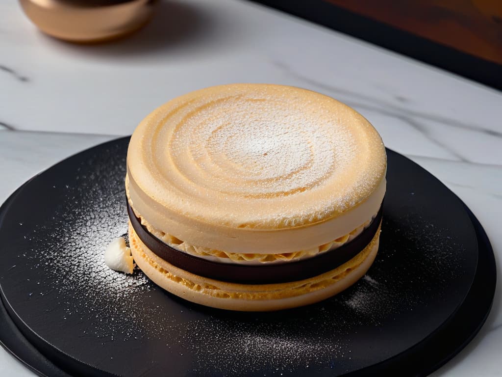  A closeup, ultradetailed photograph of a single, perfectly crafted macaron resting on a sleek, matte black plate. The macaron is delicately dusted with a hint of powdered sugar, highlighting its flawless smooth surface and intricate ridges. The plate sits on a minimalistic, marble countertop, with soft, natural light gently illuminating the dessert, creating a stark yet elegant contrast. hyperrealistic, full body, detailed clothing, highly detailed, cinematic lighting, stunningly beautiful, intricate, sharp focus, f/1. 8, 85mm, (centered image composition), (professionally color graded), ((bright soft diffused light)), volumetric fog, trending on instagram, trending on tumblr, HDR 4K, 8K