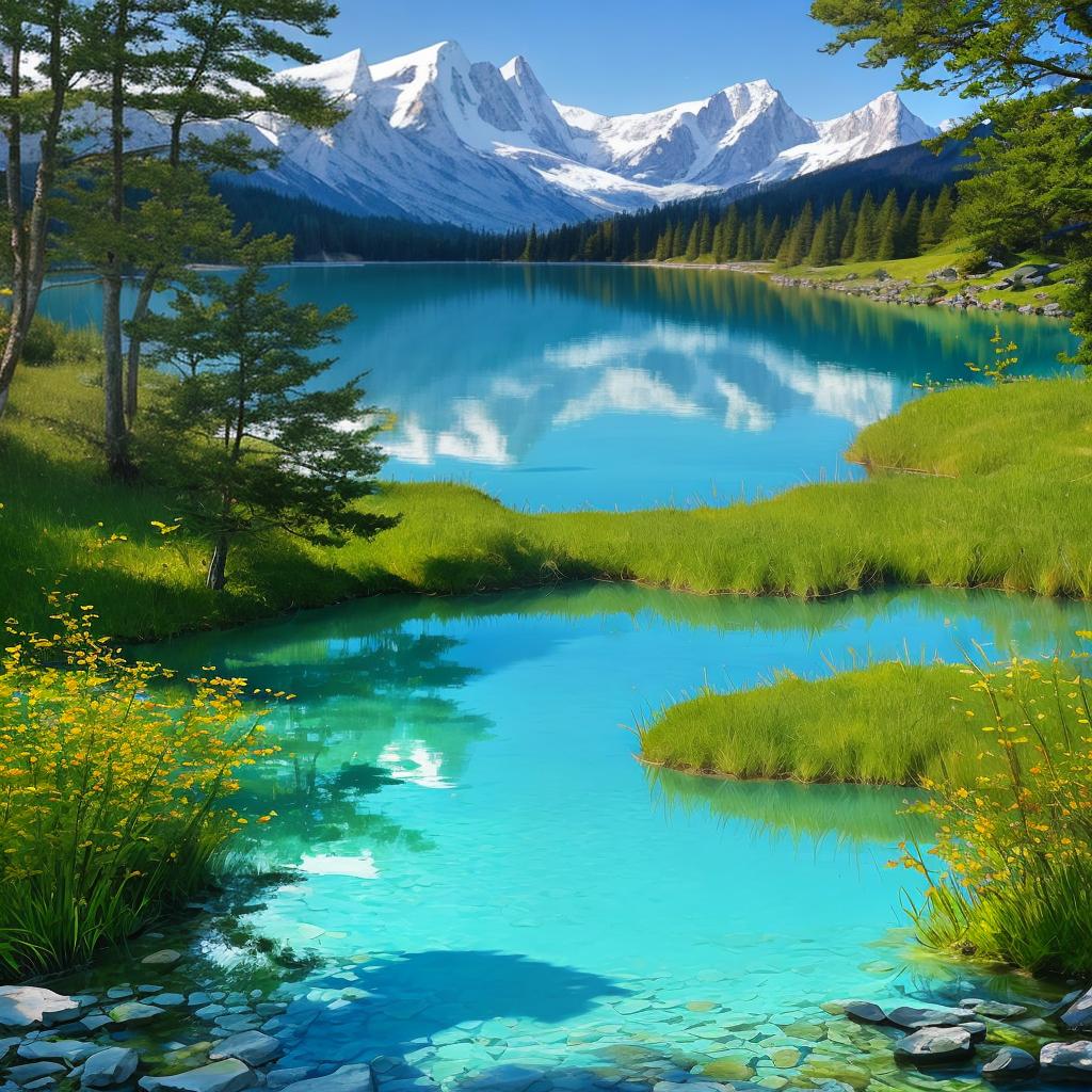  as a painting, Convey the serene majesty of towering mountains reflected in the crystal-clear waters of a tranquil alpine lake, using your unique artistic vision to evoke a sense of awe and tranquility.