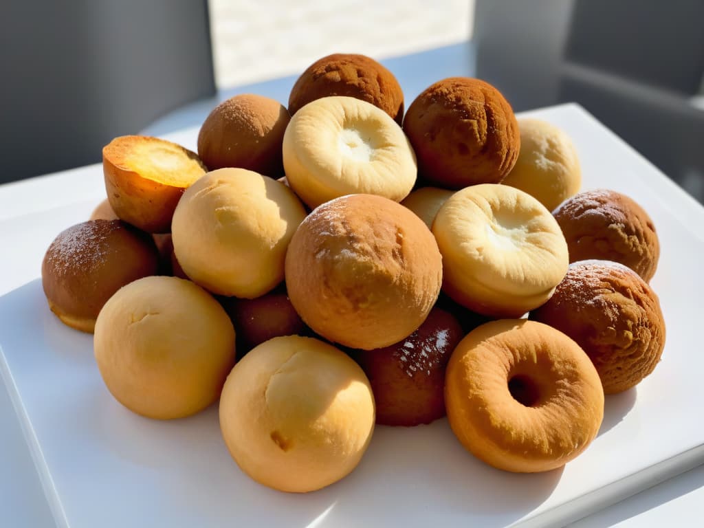  An ultradetailed image of a variety of Latin American buñuelos beautifully arranged on a sleek, white marble platter. Each buñuelo is perfectly golden and crispy, showcasing different regional variations such as Colombian cheesefilled buñuelos, Mexican cinnamonsugar dusted buñuelos, and Peruvian sweet potato buñuelos. The textures and colors of the buñuelos are so vivid that you can almost hear the satisfying crunch with each bite, while the subtle steam rising from them adds a touch of freshness to the scene. This image captures the essence of regional diversity and culinary delight, inviting the viewer to savor the rich flavors and cultural heritage of Latin American cuisine. hyperrealistic, full body, detailed clothing, highly detailed, cinematic lighting, stunningly beautiful, intricate, sharp focus, f/1. 8, 85mm, (centered image composition), (professionally color graded), ((bright soft diffused light)), volumetric fog, trending on instagram, trending on tumblr, HDR 4K, 8K