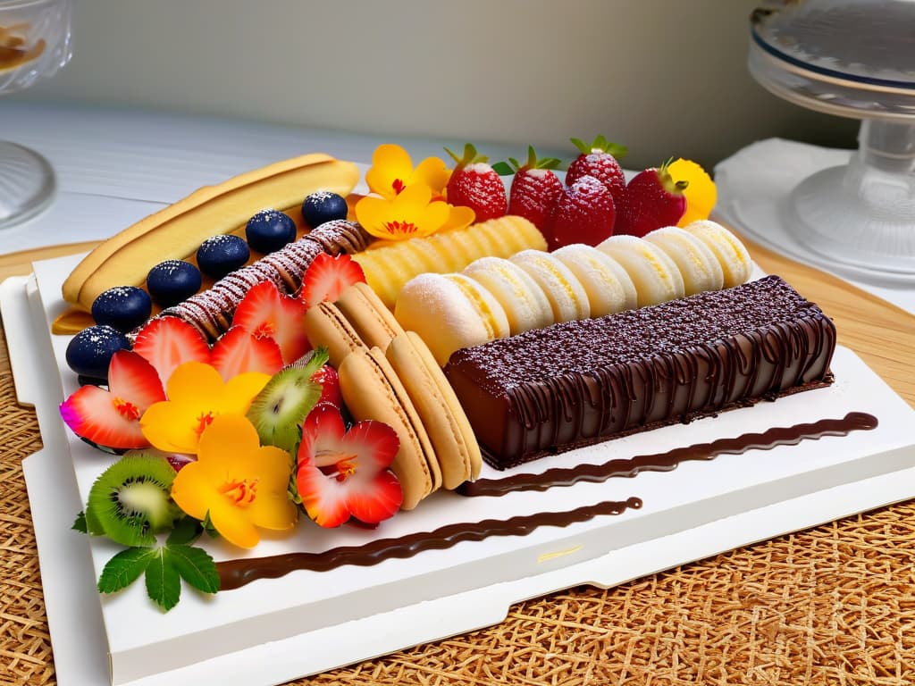  An 8k ultradetailed image of a beautifully arranged dessert platter featuring an assortment of international pastries and sweets. The platter includes delicate French macarons, rich Italian tiramisu, colorful Mexican churros, elegant Japanese mochi, and decadent Austrian Sachertorte. Each dessert is meticulously garnished with fresh fruits, chocolate drizzles, and edible flowers, creating a visually stunning and mouthwatering display that represents the diverse flavors of international pastry cuisine. hyperrealistic, full body, detailed clothing, highly detailed, cinematic lighting, stunningly beautiful, intricate, sharp focus, f/1. 8, 85mm, (centered image composition), (professionally color graded), ((bright soft diffused light)), volumetric fog, trending on instagram, trending on tumblr, HDR 4K, 8K