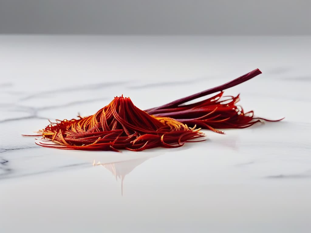  A closeup, ultradetailed image of vibrant red saffron threads delicately placed on a sleek, white marble surface. Each individual pistil is perfectly in focus, showcasing its intricate shape and deep crimson color. The soft, natural lighting highlights the fine details of the saffron threads, creating a visually stunning and minimalist composition that embodies the essence of this magical ingredient for pastrymaking. hyperrealistic, full body, detailed clothing, highly detailed, cinematic lighting, stunningly beautiful, intricate, sharp focus, f/1. 8, 85mm, (centered image composition), (professionally color graded), ((bright soft diffused light)), volumetric fog, trending on instagram, trending on tumblr, HDR 4K, 8K