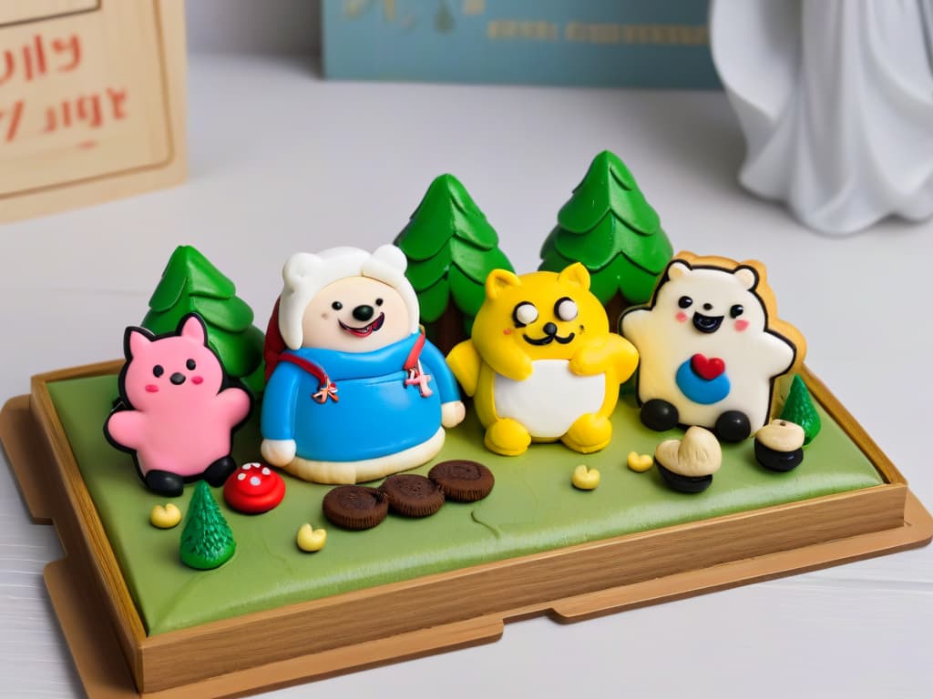  A detailed image of intricately decorated Adventure Timethemed cookies arranged on a wooden tray. Each cookie features characters like Finn, Jake, Princess Bubblegum, and Marceline, meticulously piped with colorful royal icing to capture every detail. The cookies are placed against a backdrop of a whimsical forest setting, with tiny edible trees and mushrooms adorning the display, creating a magical and enchanting scene that perfectly complements the adventurous theme of the cookies. hyperrealistic, full body, detailed clothing, highly detailed, cinematic lighting, stunningly beautiful, intricate, sharp focus, f/1. 8, 85mm, (centered image composition), (professionally color graded), ((bright soft diffused light)), volumetric fog, trending on instagram, trending on tumblr, HDR 4K, 8K