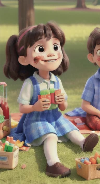  {Kids sitting around a picnic blanket, enjoying juice boxes and snacks., Children happily eating snacks, with crumbs on their faces and big smiles.