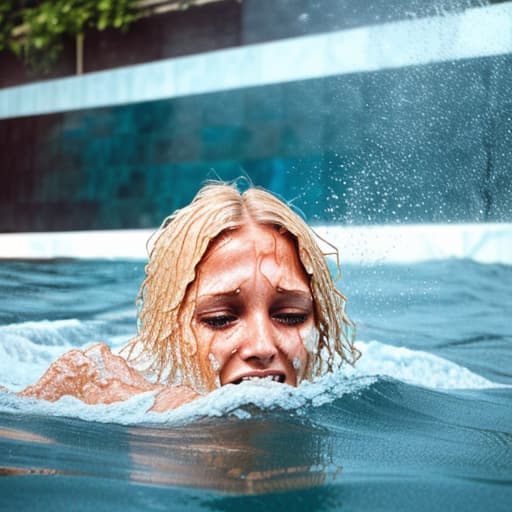  tanned blonde woman's face drowning in the water she's panic a lot of water waves and splashes around her