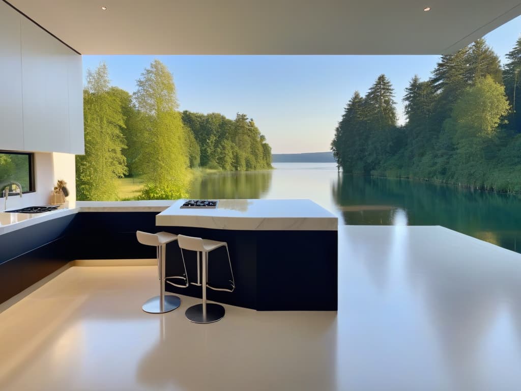  An ultradetailed image of a serene, minimalist kitchen retreat overlooking a tranquil lake at sunset. The kitchen space is sleek and modern with clean lines, a large marble island, and highend appliances. Soft ambient lighting illuminates the space, casting a warm glow over the wooden floors and white walls. Through the floortoceiling windows, the breathtaking view of the sun setting over the calm waters creates a sense of peace and relaxation. hyperrealistic, full body, detailed clothing, highly detailed, cinematic lighting, stunningly beautiful, intricate, sharp focus, f/1. 8, 85mm, (centered image composition), (professionally color graded), ((bright soft diffused light)), volumetric fog, trending on instagram, trending on tumblr, HDR 4K, 8K