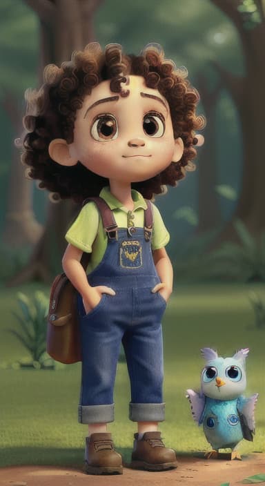  {The tree with a twinkling eye, while its leaves gently rustle., Riley, a curious with big brown eyes and curly hair, wearing overalls and carrying a small backpack. Their friend, Skye, a bluebird with shiny feathers.