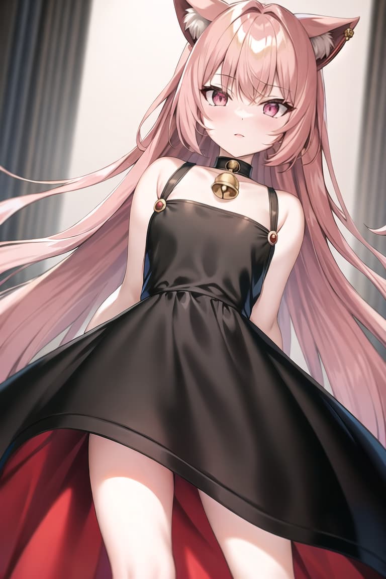  master piece , best quality,Hair gradient, gold and pink odd eyes, front, cat ears, red and black, mini dress, full length, bell.