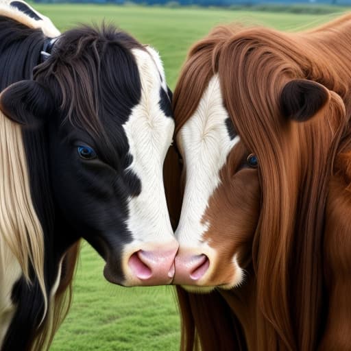  Two long haired cows talking to each other with angles in there eye talking to each other