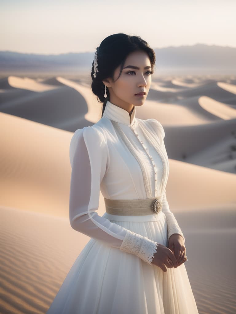  Half body portrait,Young Asian girl in white Desert Victorian Dress standing in Desert,black hair, look at to camera, cinematic lighting, stunningly beautiful, intricate, sharp focus, f/1. 8, 85mm, (professionally color graded), ((bright soft diffused light)), volumetric fog, trending on instagram, trending on tumblr, HDR 4K, 8K hyperrealistic, full body, detailed clothing, highly detailed, cinematic lighting, stunningly beautiful, intricate, sharp focus, f/1. 8, 85mm, (centered image composition), (professionally color graded), ((bright soft diffused light)), volumetric fog, trending on instagram, trending on tumblr, HDR 4K, 8K