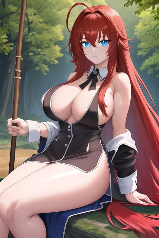  no ,bare,no shirt,sitting on stick,masterpiece, best quality, 1women, long red hair, looking at viewer, :3, cute, black uniform, outdoors, streets, cowboy shot, curvy, (((blue eyes))), rias gremory, red hair, antenna hair, wavy hair, ((beautiful detailed eyes, beautiful detailed glow, lots of glow)), anime screencap