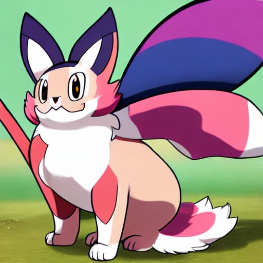  image of a fusion of sylveon with mimikyu with a fat butt, chubby body and a big, soft tail,sit
