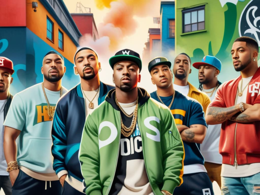 A vibrant watercolor illustration featuring a diverse group of hip hop artists from around the world, each rapper depicted with unique style and flair that represents their cultural background. The image shows them gathered together in a dynamic pose, surrounded by swirling graffiti art and music notes, symbolizing the global reach and influence of hip hop music. hyperrealistic, full body, detailed clothing, highly detailed, cinematic lighting, stunningly beautiful, intricate, sharp focus, f/1. 8, 85mm, (centered image composition), (professionally color graded), ((bright soft diffused light)), volumetric fog, trending on instagram, trending on tumblr, HDR 4K, 8K
