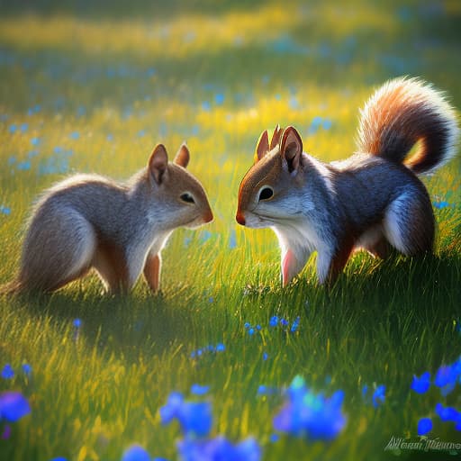  2 animals: a squirrel and a wolf, the sun, the field, a brook, blue flowers hyperrealistic, full body, detailed clothing, highly detailed, cinematic lighting, stunningly beautiful, intricate, sharp focus, f/1. 8, 85mm, (centered image composition), (professionally color graded), ((bright soft diffused light)), volumetric fog, trending on instagram, trending on tumblr, HDR 4K, 8K