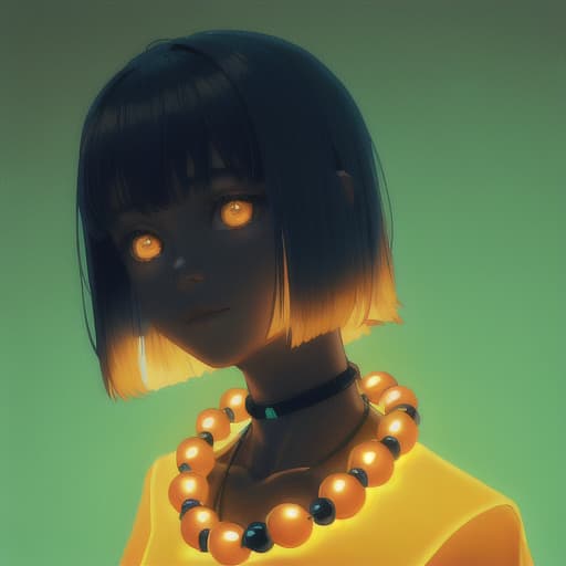  orange alien, long neck feature, yellow bead necklace collar with neon glow blue lights from within itself
