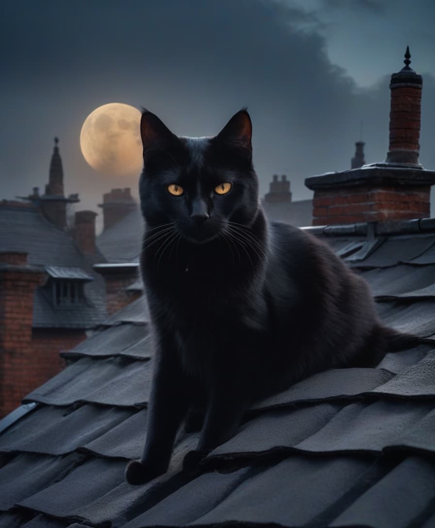  a black cat sneaks in the moonlight on the roof of an ancient house with a weather vane and a chimney, smoke, and many details hyperrealistic, full body, detailed clothing, highly detailed, cinematic lighting, stunningly beautiful, intricate, sharp focus, f/1. 8, 85mm, (centered image composition), (professionally color graded), ((bright soft diffused light)), volumetric fog, trending on instagram, trending on tumblr, HDR 4K, 8K