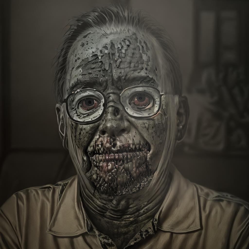  a hyperrealistic portrait of a zombie with decaying skin, exposed bones, and tattered clothing, in the style of a high resolution horror movie makeup, with dark and moody lighting, 1:1 ar 768:768, high resolution, sharp focus, (perfect image composition), ((masterpiece)), (professionally color graded), ((bright soft diffused light))