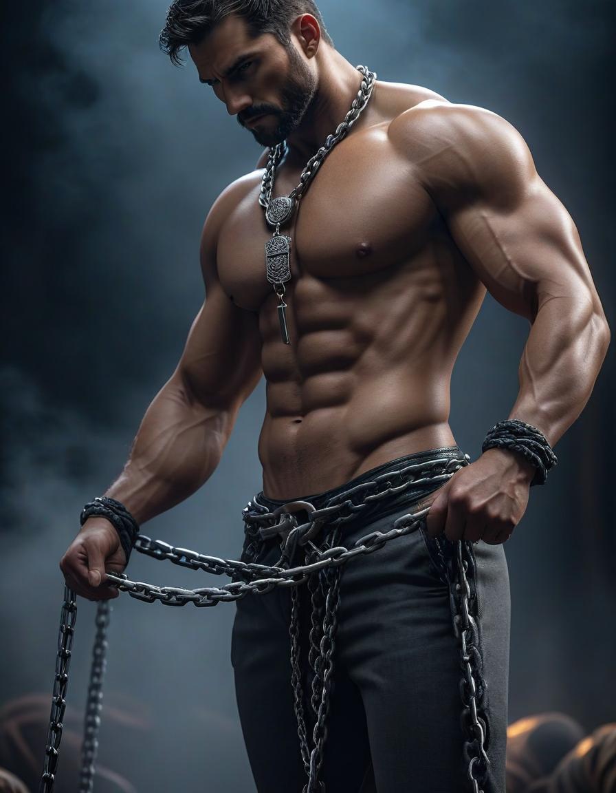  male torso in chains hyperrealistic, full body, detailed clothing, highly detailed, cinematic lighting, stunningly beautiful, intricate, sharp focus, f/1. 8, 85mm, (centered image composition), (professionally color graded), ((bright soft diffused light)), volumetric fog, trending on instagram, trending on tumblr, HDR 4K, 8K