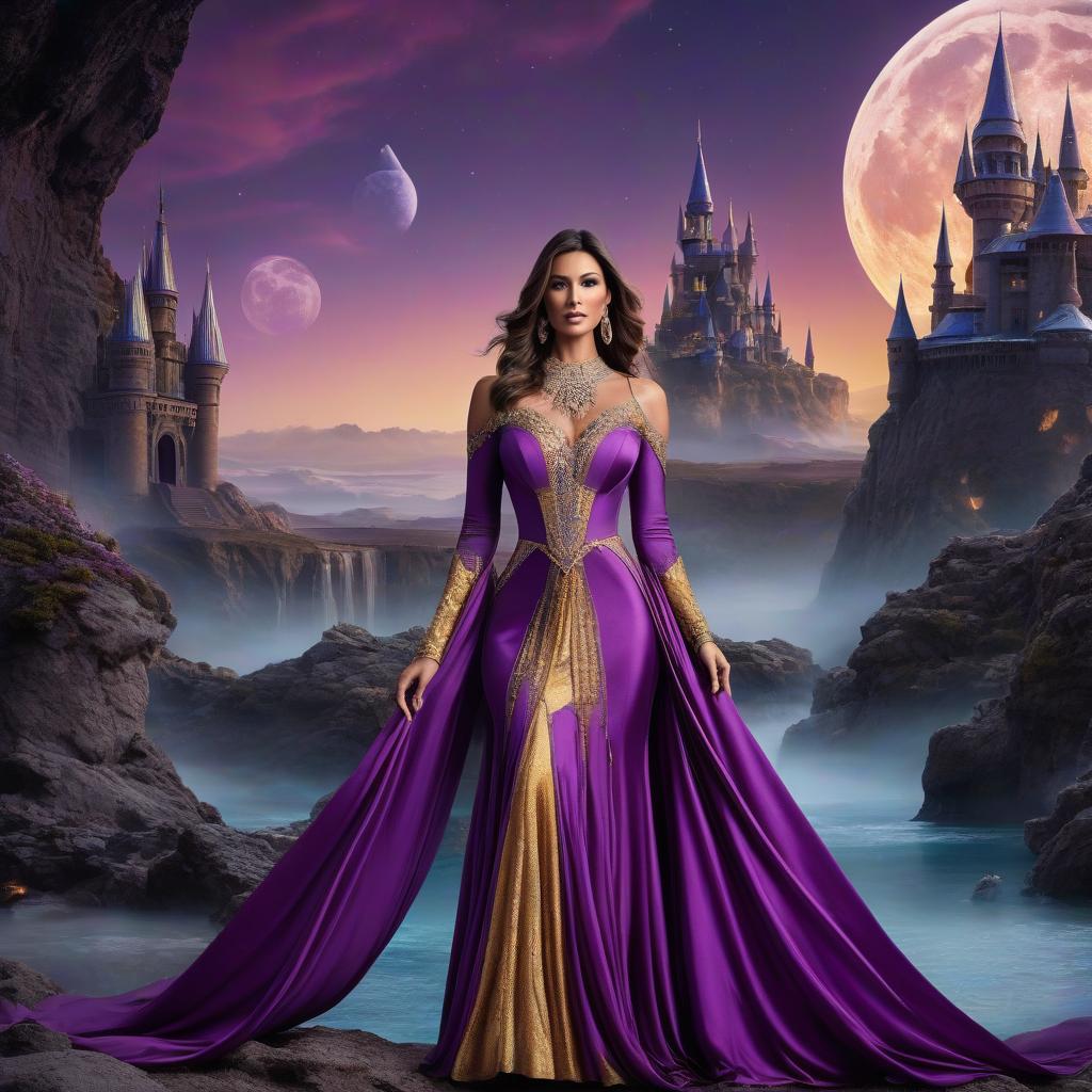  Melian. Purple silk linen. Topaz, diamonds, quartzite, amber, topaz, emerald.Flying saucer. Space, fantasy. Purple, blue, silver colors. Moon, aliens. There's a castle on the moon. hyperrealistic, full body, detailed clothing, highly detailed, cinematic lighting, stunningly beautiful, intricate, sharp focus, f/1. 8, 85mm, (centered image composition), (professionally color graded), ((bright soft diffused light)), volumetric fog, trending on instagram, trending on tumblr, HDR 4K, 8K