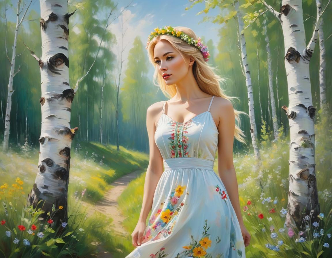  abstract expressionist painting A masterpiece.A beautiful girl with a blond braid in the image of spring stands by a birch tree.She has a wreath of wildflowers on her head.The girl is wearing a beautiful sundress in the Russian folk style. A train of wildflowers stretches from the hem of the sundress at the bottom. In the background there is a background in the form of a green blue gradient.The style is Russian patterns.The most beautiful picture in the world . energetic brushwork, bold colors, abstract forms, expressive, emotional hyperrealistic, full body, detailed clothing, highly detailed, cinematic lighting, stunningly beautiful, intricate, sharp focus, f/1. 8, 85mm, (centered image composition), (professionally color graded), ((bright soft diffused light)), volumetric fog, trending on instagram, trending on tumblr, HDR 4K, 8K