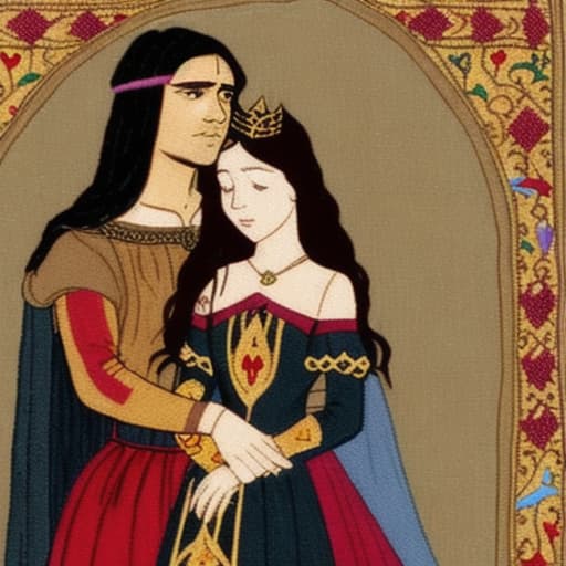  A girl with dark hair and brown eyes is a princess in a medieval-style dress with a firebird embroidered in gold thread on her hip.Long sleeve dress. He has a crown on his head. A girl with dark hair