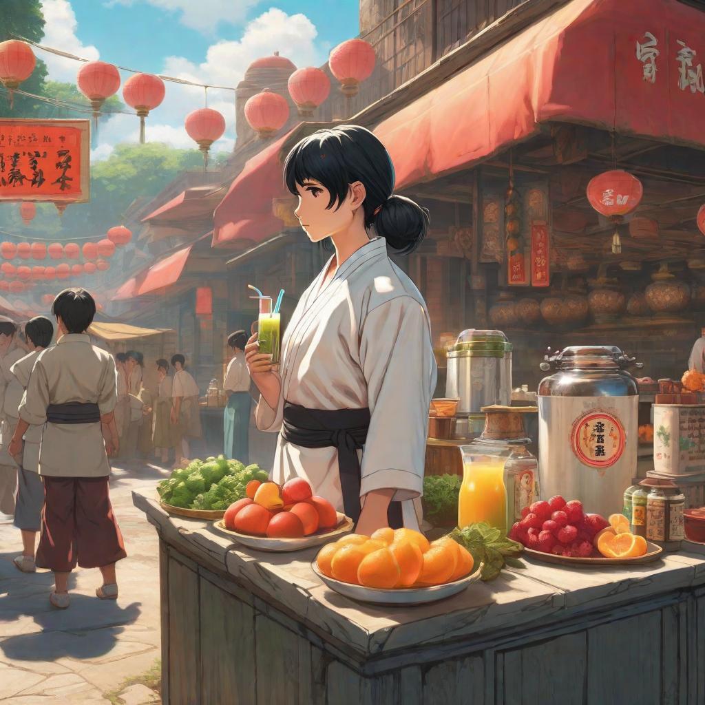  A black haired child wearing a karate uniform standing in line for a juice vendor., anime concept art by Hayao Miyazaki, featured on pixiv, fantasy art, concept art, official art, high detailed hyperrealistic, full body, detailed clothing, highly detailed, cinematic lighting, stunningly beautiful, intricate, sharp focus, f/1. 8, 85mm, (centered image composition), (professionally color graded), ((bright soft diffused light)), volumetric fog, trending on instagram, trending on tumblr, HDR 4K, 8K