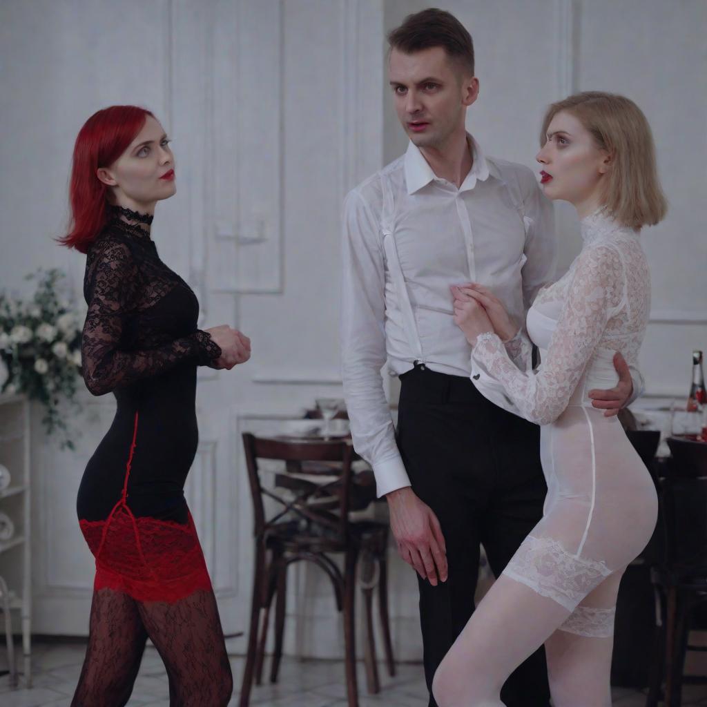  a couple of women standing next to each other, stockings, red, lace, video still, derevschikova, 1 male, very pale white skin, lovely couple, with slight stubble, desperate action, fully clothed, clothed, grown together, server in the middle, 2 0 1 9, 30 year woman
