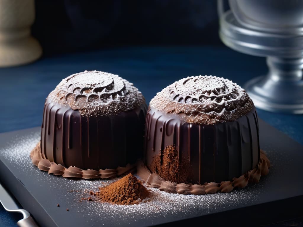  A closeup, ultradetailed image of a luxurious dark chocolate truffle being delicately dusted with cocoa powder, showcasing the intricate textures and glossy finish of the confection. The truffle is set on a sleek, matte black surface, with soft, diffused lighting to accentuate its rich, decadent appearance. hyperrealistic, full body, detailed clothing, highly detailed, cinematic lighting, stunningly beautiful, intricate, sharp focus, f/1. 8, 85mm, (centered image composition), (professionally color graded), ((bright soft diffused light)), volumetric fog, trending on instagram, trending on tumblr, HDR 4K, 8K