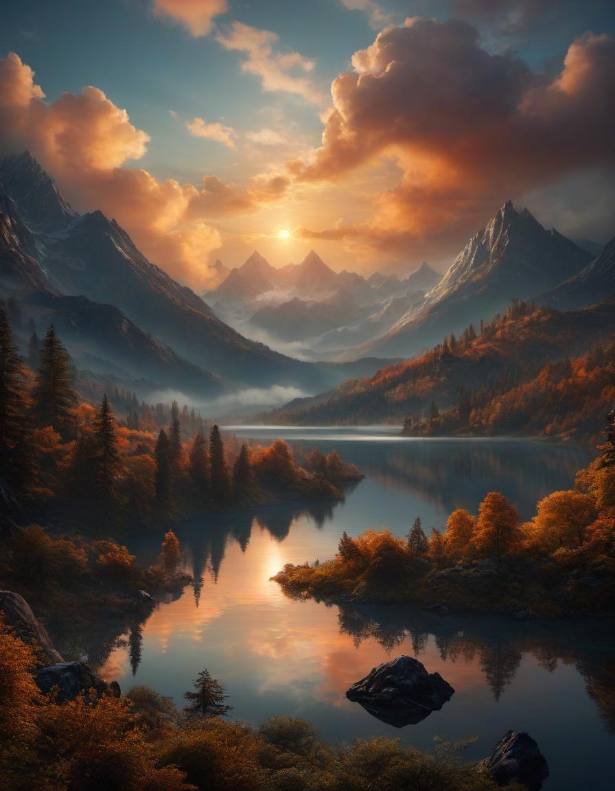  surrealist art digital painting of a beautiful mountain landscape, lake, forest, sunset, cloudy . dreamlike, mysterious, provocative, symbolic, intricate, detailed hyperrealistic, full body, detailed clothing, highly detailed, cinematic lighting, stunningly beautiful, intricate, sharp focus, f/1. 8, 85mm, (centered image composition), (professionally color graded), ((bright soft diffused light)), volumetric fog, trending on instagram, trending on tumblr, HDR 4K, 8K