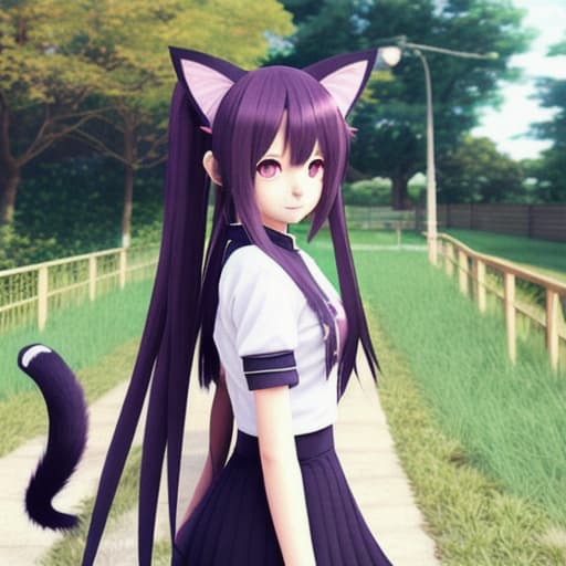  an anime girl with cat ears cat tail cat eyes walking into a realistic world