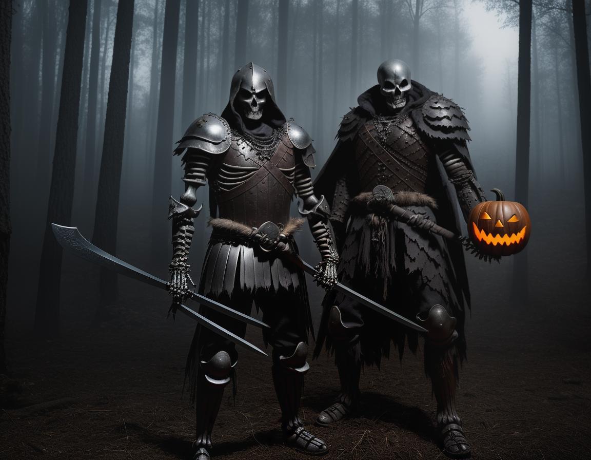  Disney cartoon style, a skeleton warrior with a leather armour, the warrior is poor, background is a dark halloween forest, angry expression, facing the player, single person