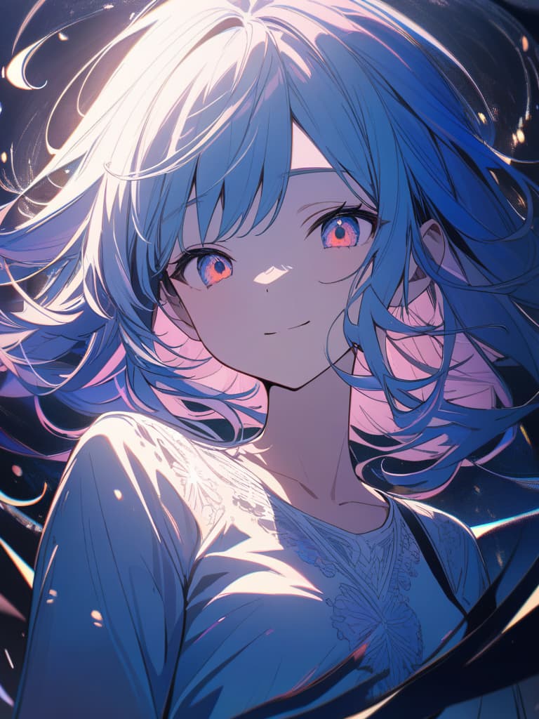  a beautiful blue haired girl,long messy hair,ultra detailed,deep shadow,beautiful detailed deep rainbow eyes,cute and beautiful face,shy smile,white shirt,upper body view,colorful,(masterpiece:1.2),(best quality:1.2),detailed background,high contrast,(best illumination,an extremely delicate and beautiful),((cinematic light)),hyper detail,dramatic light,intricate details,8k,anime,very aesthetic,, masterpiece, best quality,8k,ultra detailed,high resolution,an extremely delicate and beautiful,hyper detail