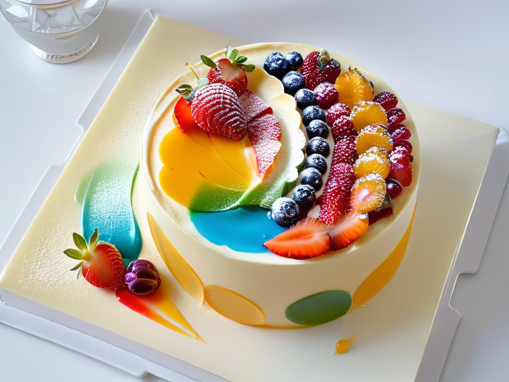  A closeup, ultradetailed image of a delicate, intricately decorated pastry with vibrant colors and exquisite textures. The dessert sits elegantly on a sleek, modern plate, showcasing the meticulous craftsmanship and artistry involved in its creation. Light subtly glimmers off the glossy glaze, emphasizing the intricate details of the dessert, enticing the viewer with its visual appeal and hinting at the sensory delights awaiting those who indulge in it. hyperrealistic, full body, detailed clothing, highly detailed, cinematic lighting, stunningly beautiful, intricate, sharp focus, f/1. 8, 85mm, (centered image composition), (professionally color graded), ((bright soft diffused light)), volumetric fog, trending on instagram, trending on tumblr, HDR 4K, 8K