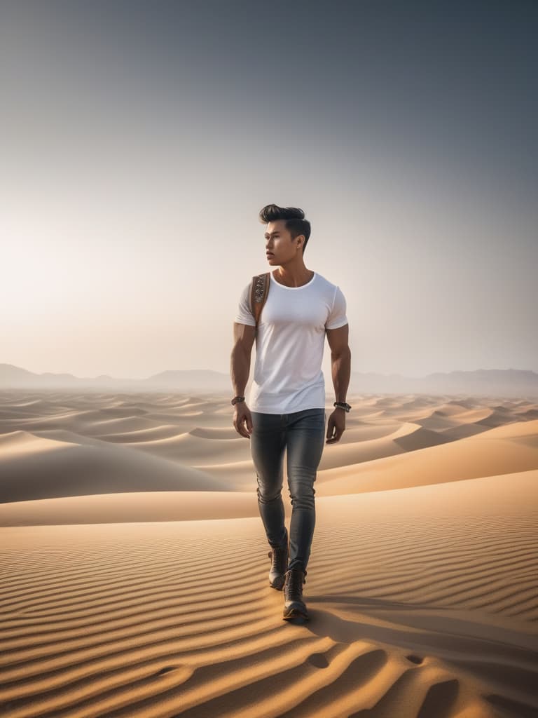  Half body portrait,Young Asian Male Tourist wear solid white casual short sleeve t shirt, walking in desert, look at to camera, cinematic lighting, stunningly beautiful, intricate, sharp focus, f/1. 8, 85mm, (professionally color graded), ((bright soft diffused light)), volumetric fog, trending on instagram, trending on tumblr, HDR 4K, 8K hyperrealistic, full body, detailed clothing, highly detailed, cinematic lighting, stunningly beautiful, intricate, sharp focus, f/1. 8, 85mm, (centered image composition), (professionally color graded), ((bright soft diffused light)), volumetric fog, trending on instagram, trending on tumblr, HDR 4K, 8K