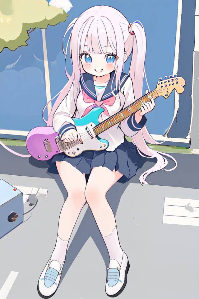  High school girl, mini character, cute, electric guitar, long hair, hanging, sitting on the ground, sailor suit, put an electric guitar on the knee, smile