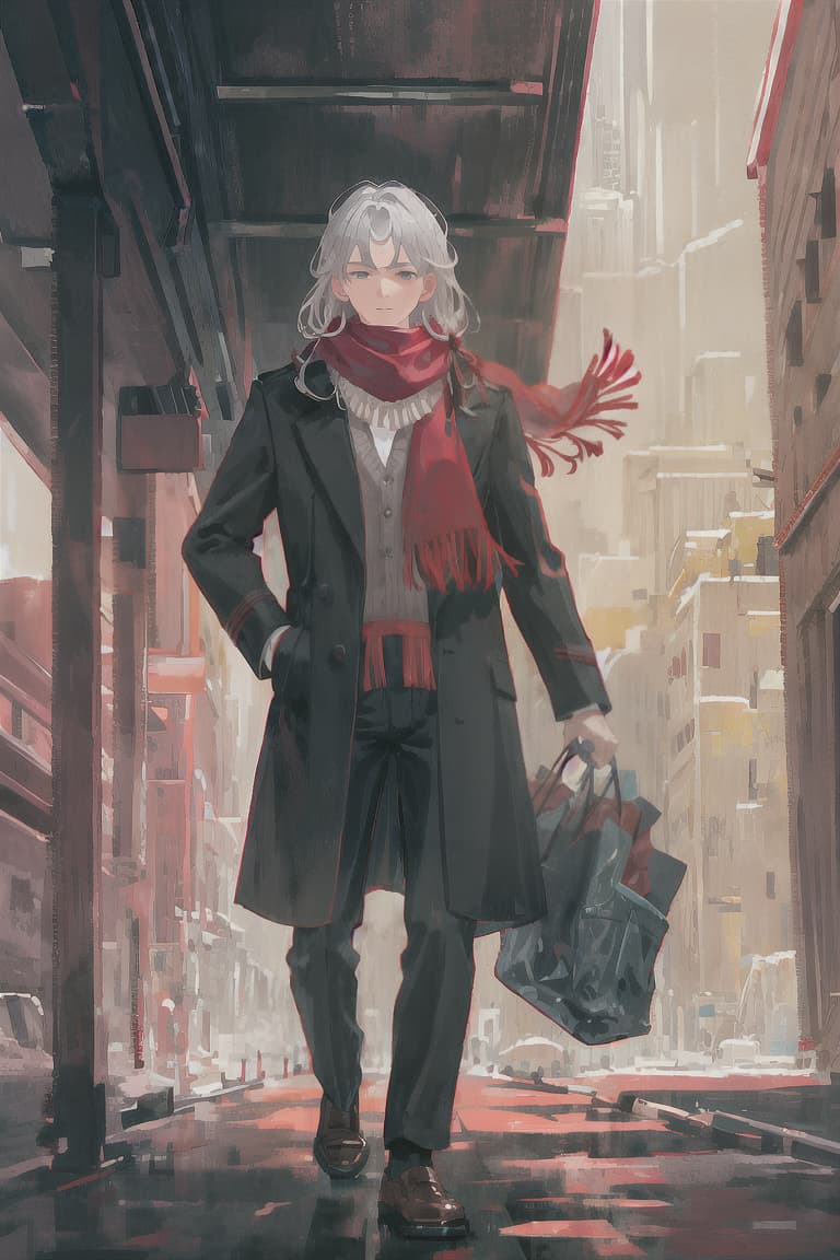  master piece , best quality,Gray hair, male, red scarf, long black coat, adventurer