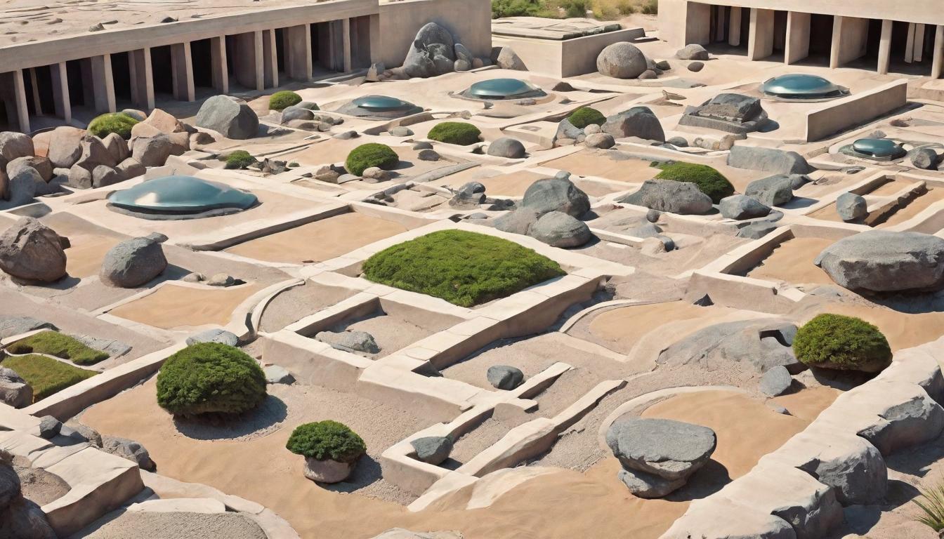  retro futuristic Peaceful zen garden, stones arranged in patterns, raked sand, tranquil atmosphere, sense of order lvintage sci fi, 50s and 60s style, atomic age, vibrant, highly detailed