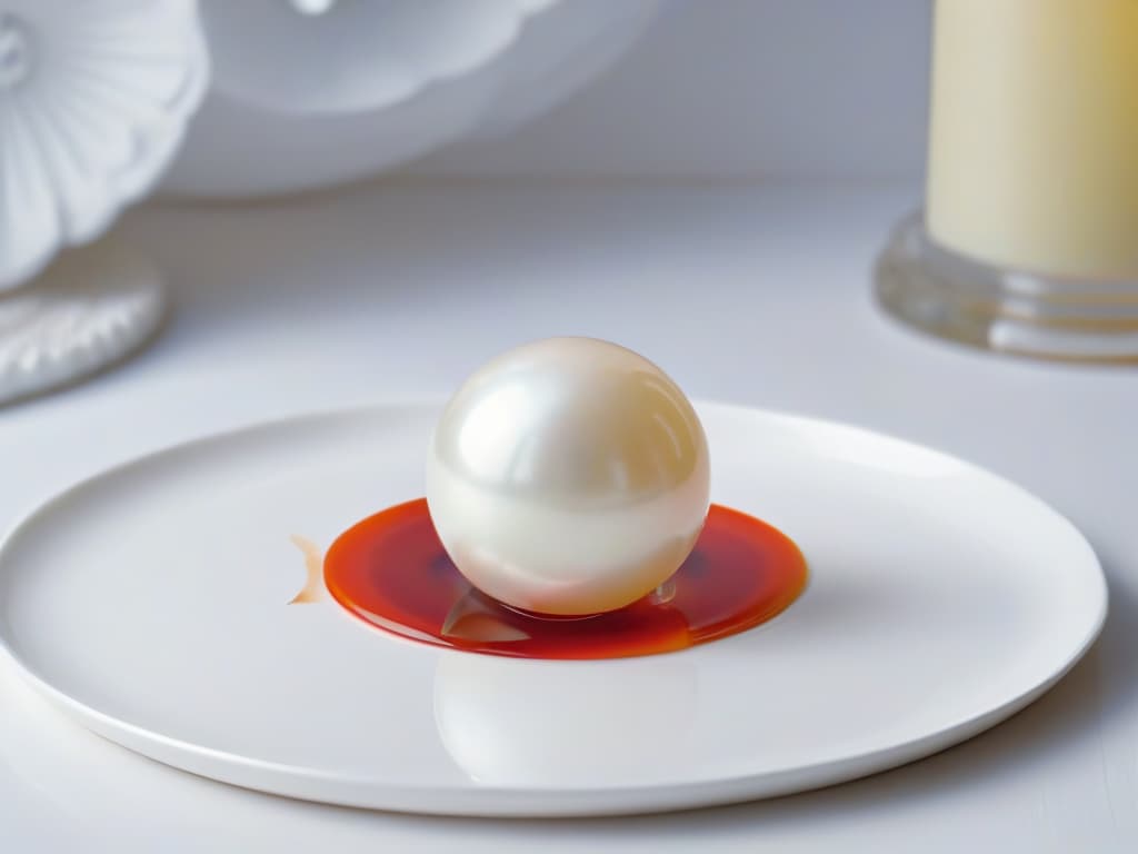  A closeup, ultradetailed image of a single perfectly round, glossy, jewellike sferificación pearl in a vibrant, rich red color resting delicately on a pristine white dessert plate. The pearl glistens under the light, showcasing its flawless texture and enticing appearance. The background is softly blurred to emphasize the meticulous craftsmanship and elegance of the pearl, inviting viewers to marvel at its beauty and imagine the creative possibilities it offers for unique pastry decorations. hyperrealistic, full body, detailed clothing, highly detailed, cinematic lighting, stunningly beautiful, intricate, sharp focus, f/1. 8, 85mm, (centered image composition), (professionally color graded), ((bright soft diffused light)), volumetric fog, trending on instagram, trending on tumblr, HDR 4K, 8K