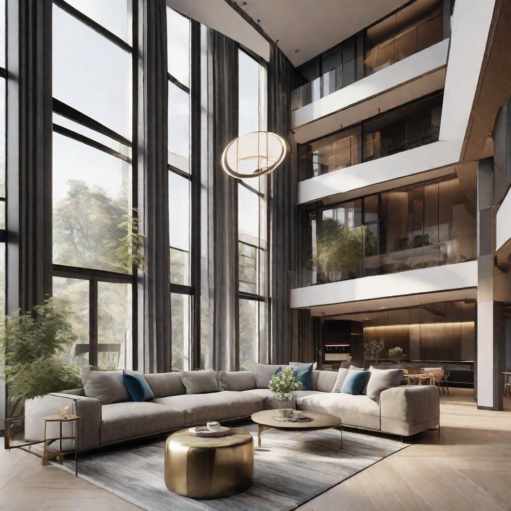  masterpiece, best quality, best quality, masterpiece, 8k resolution, high resolution apartment Living room concept art with floor-to-ceiling windows and modern furniture