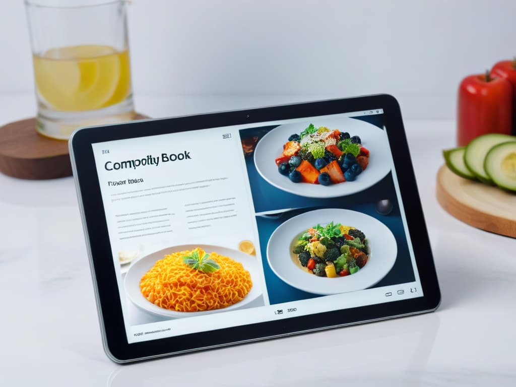  A highresolution, minimalist image of a sleek digital tablet displaying a beautifully designed digital recipe book interface, featuring vibrant food images and modern typography. The tablet is placed on a clean, white marble countertop with soft natural lighting gently illuminating the scene, creating a professional and inspiring visual for the article. hyperrealistic, full body, detailed clothing, highly detailed, cinematic lighting, stunningly beautiful, intricate, sharp focus, f/1. 8, 85mm, (centered image composition), (professionally color graded), ((bright soft diffused light)), volumetric fog, trending on instagram, trending on tumblr, HDR 4K, 8K