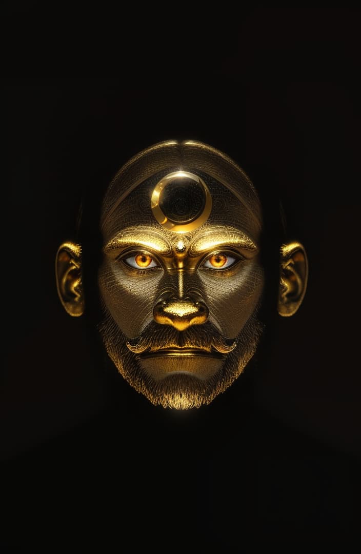  A golden statue of a monkey with a glowing eye and a crescent moon on its forehead, An inverted image of a face with a mustache and beard., hyperrealistic, high quality, highly detailed, perfect lighting, intricate, sharp focus, f/1. 8, 85mm, (centered image composition), (professionally color graded), ((bright soft diffused light)), trending on instagram, HDR 4K, 8K