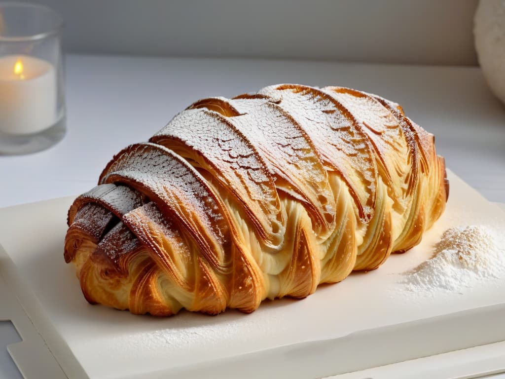  A closeup, ultrahigh resolution image of a perfectly goldenbrown, intricately layered croissant, with delicate flaky layers visible and a light dusting of powdered sugar on top. The lighting is soft, highlighting the textures and creating a sense of warmth and freshness. The background is a simple, elegant white surface with subtle shadows, emphasizing the minimalistic and professional aesthetic. hyperrealistic, full body, detailed clothing, highly detailed, cinematic lighting, stunningly beautiful, intricate, sharp focus, f/1. 8, 85mm, (centered image composition), (professionally color graded), ((bright soft diffused light)), volumetric fog, trending on instagram, trending on tumblr, HDR 4K, 8K