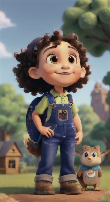  {Riley looking up at the tree with a big smile, animals surrounding them., Riley, a curious with big brown eyes and curly hair, wearing overalls and carrying a small backpack. Their friend, Skye, a bluebird with shiny feathers.