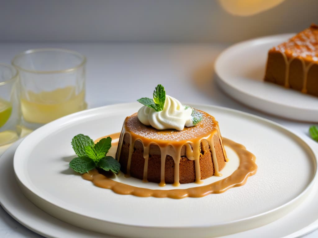  A minimalistic image of a warm slice of Malva Pudding topped with a drizzle of creamy sauce, garnished with a sprig of fresh mint, sitting on a sleek, modern plate with subtle textured details. The dessert exudes a rich, caramel hue, contrasting beautifully with the vibrant green of the mint leaves, all set against a soft, blurred background that suggests a cozy, inviting atmosphere. The focus is on the decadent texture of the pudding and the elegant presentation, creating an image that is both simple and enticing. hyperrealistic, full body, detailed clothing, highly detailed, cinematic lighting, stunningly beautiful, intricate, sharp focus, f/1. 8, 85mm, (centered image composition), (professionally color graded), ((bright soft diffused light)), volumetric fog, trending on instagram, trending on tumblr, HDR 4K, 8K