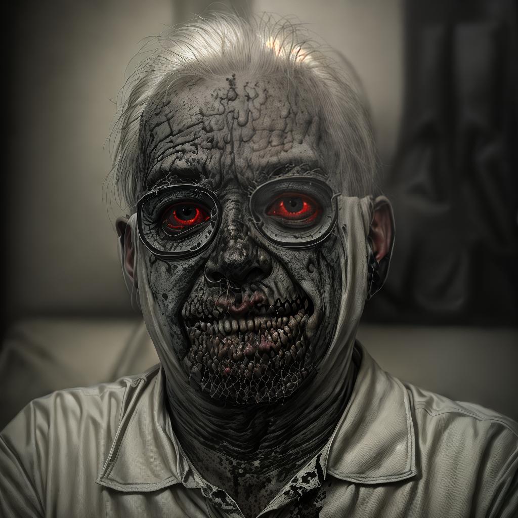  portrait of a man transformed into a zombie, pale decaying skin, darkened eyes, tattered clothing, horror theme, hyperrealistic, high resolution ar 1:1, high resolution, sharp focus, (perfect image composition), ((masterpiece)), (professionally color graded), ((bright soft diffused light))