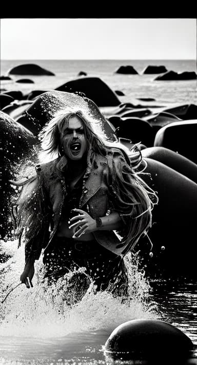  Capture the essence of rebellion in a black and white photo. A tousled-haired figure immersed in rock rhythms, embodying the 'Woo-hoo' spirit. Raw energy frozen in a frame