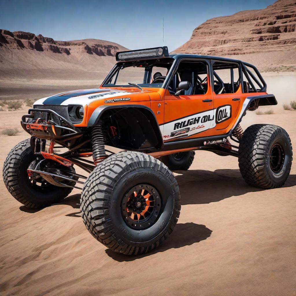  a 4400 class, ultra 4 car with a 117 inch wheelbase, 40 inch tires on coilovers, featuring a paint scheme inspired by Richard Perry's 1960s Gulf Oil sponsored stock cars. The car should have a rugged, off-road design typical of ultra 4 cars, with visible suspension, a roll cage, and the iconic blue and orange Gulf livery. hyperrealistic, full body, detailed clothing, highly detailed, cinematic lighting, stunningly beautiful, intricate, sharp focus, f/1. 8, 85mm, (centered image composition), (professionally color graded), ((bright soft diffused light)), volumetric fog, trending on instagram, trending on tumblr, HDR 4K, 8K