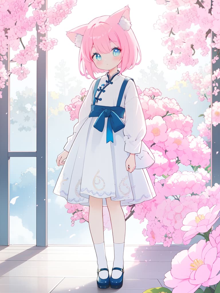  Cat ears, pink hair, china clothing, eyes color blue, alone, bob hair, moe, cute, masterpiece, best quality,8k,ultra detailed,high resolution,an extremely delicate and beautiful,hyper detail hyperrealistic, full body, detailed clothing, highly detailed, cinematic lighting, stunningly beautiful, intricate, sharp focus, f/1. 8, 85mm, (centered image composition), (professionally color graded), ((bright soft diffused light)), volumetric fog, trending on instagram, trending on tumblr, HDR 4K, 8K