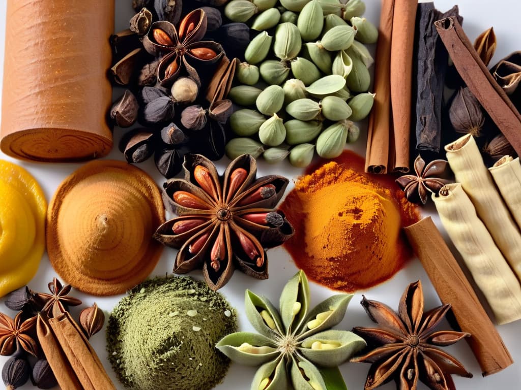  An ultradetailed, 8k resolution image of a variety of vibrant and aromatic spices neatly arranged on a sleek, modern, and minimalist white background. The spices include cinnamon sticks, whole vanilla beans, star anise, cardamom pods, and cloves, each showcasing their unique textures, colors, and shapes. The image is captured with impeccable lighting, highlighting the intricate details and natural beauty of the spices, creating a visually stunning and captivating composition that perfectly complements the professional and inspirational tone of the article on using spices in desserts. hyperrealistic, full body, detailed clothing, highly detailed, cinematic lighting, stunningly beautiful, intricate, sharp focus, f/1. 8, 85mm, (centered image composition), (professionally color graded), ((bright soft diffused light)), volumetric fog, trending on instagram, trending on tumblr, HDR 4K, 8K