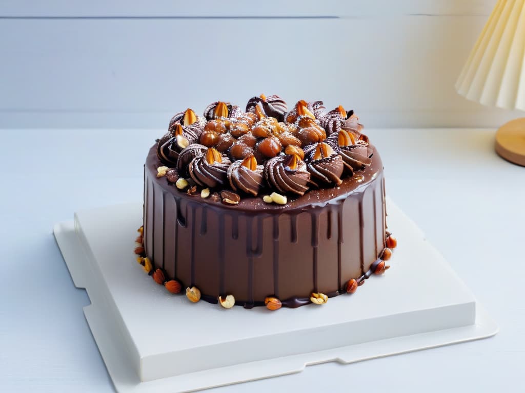  A minimalist, ultradetailed image of a decadent chocolate and hazelnut cake, meticulously layered with rich chocolate ganache and topped with perfectly toasted hazelnuts. The cake sits on a sleek, white ceramic cake stand, surrounded by scattered whole hazelnuts and delicate chocolate shavings, all set against a soft, diffused background that enhances the cake's exquisite textures and colors. hyperrealistic, full body, detailed clothing, highly detailed, cinematic lighting, stunningly beautiful, intricate, sharp focus, f/1. 8, 85mm, (centered image composition), (professionally color graded), ((bright soft diffused light)), volumetric fog, trending on instagram, trending on tumblr, HDR 4K, 8K