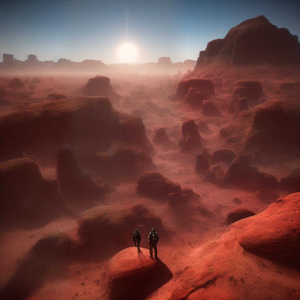  Explorers in an alien desert landscape, using advanced equipment to scan the ground for signs of extraterrestrial life, a scientific expedition in a terrain rich in rocks but sparse in vegetation, the combination of sunset and starlight, a cinematic vision in the style of Steven Spielberg, with filmic realism and high dynamic range, digital art, science fiction adventure, a blend of warm and cool tones, 8k HDR, ultra high detail cinematic quality explorers in an alien desert landscape, using advanced equipment to scan the ground for signs of extraterrestrial life, a scientific expedition in a terrain rich in rocks but sparse in vegetation, the combination of sunset and starlight, a cinematic vision in the style of Steven Spielberg, with fil hyperrealistic, full body, detailed clothing, highly detailed, cinematic lighting, stunningly beautiful, intricate, sharp focus, f/1. 8, 85mm, (centered image composition), (professionally color graded), ((bright soft diffused light)), volumetric fog, trending on instagram, trending on tumblr, HDR 4K, 8K